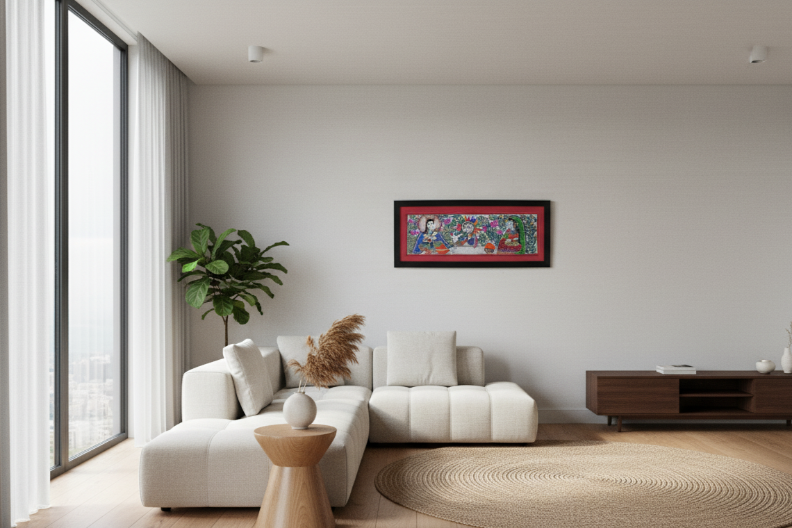 Handmade Madhubani Painting of Divine Figures and Sun Motif | Traditional Indian Folk Art by Suchitra Hastkala