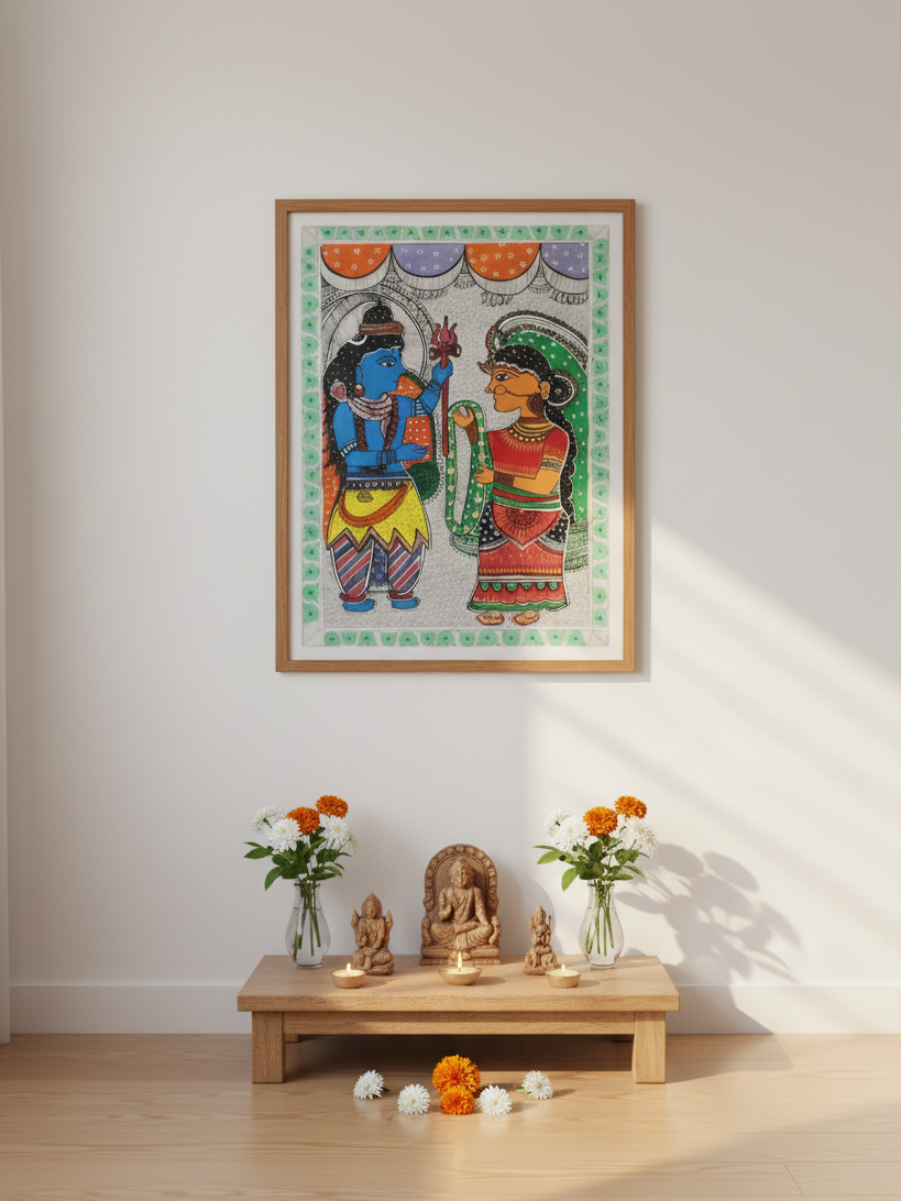 Handmade Madhubani Painting of Lord Shiva & Parvati – Traditional Indian Folk Art on Paper