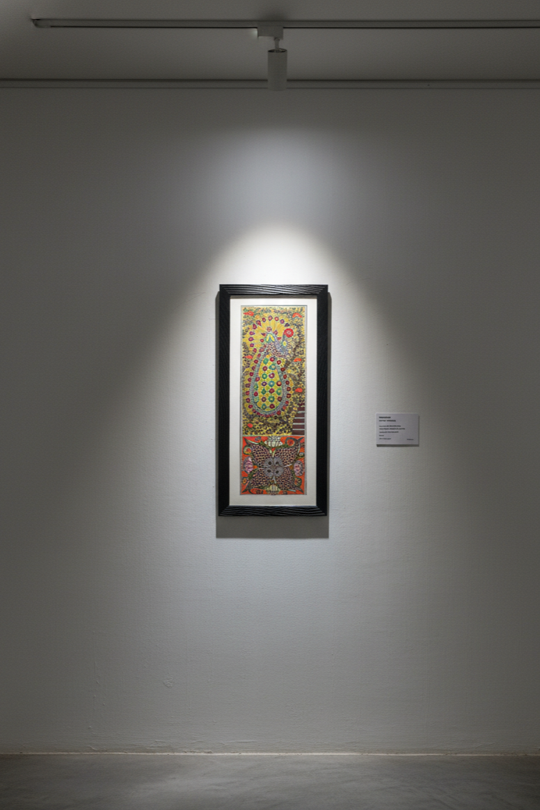 Handcrafted Madhubani Peacock & Floral Folk Art Painting (Framed)