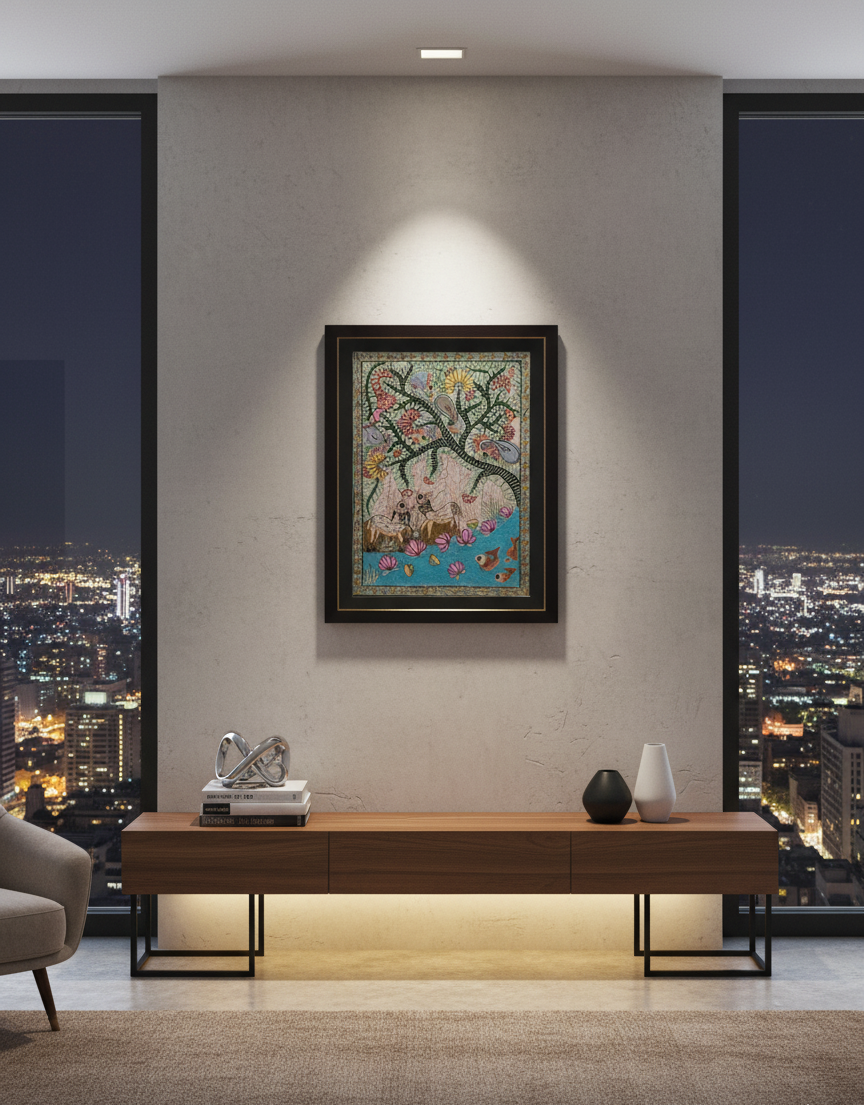 Handmade Madhubani Painting – Tree of Life with Deer, Fish & Lotus (Framed Artwork)