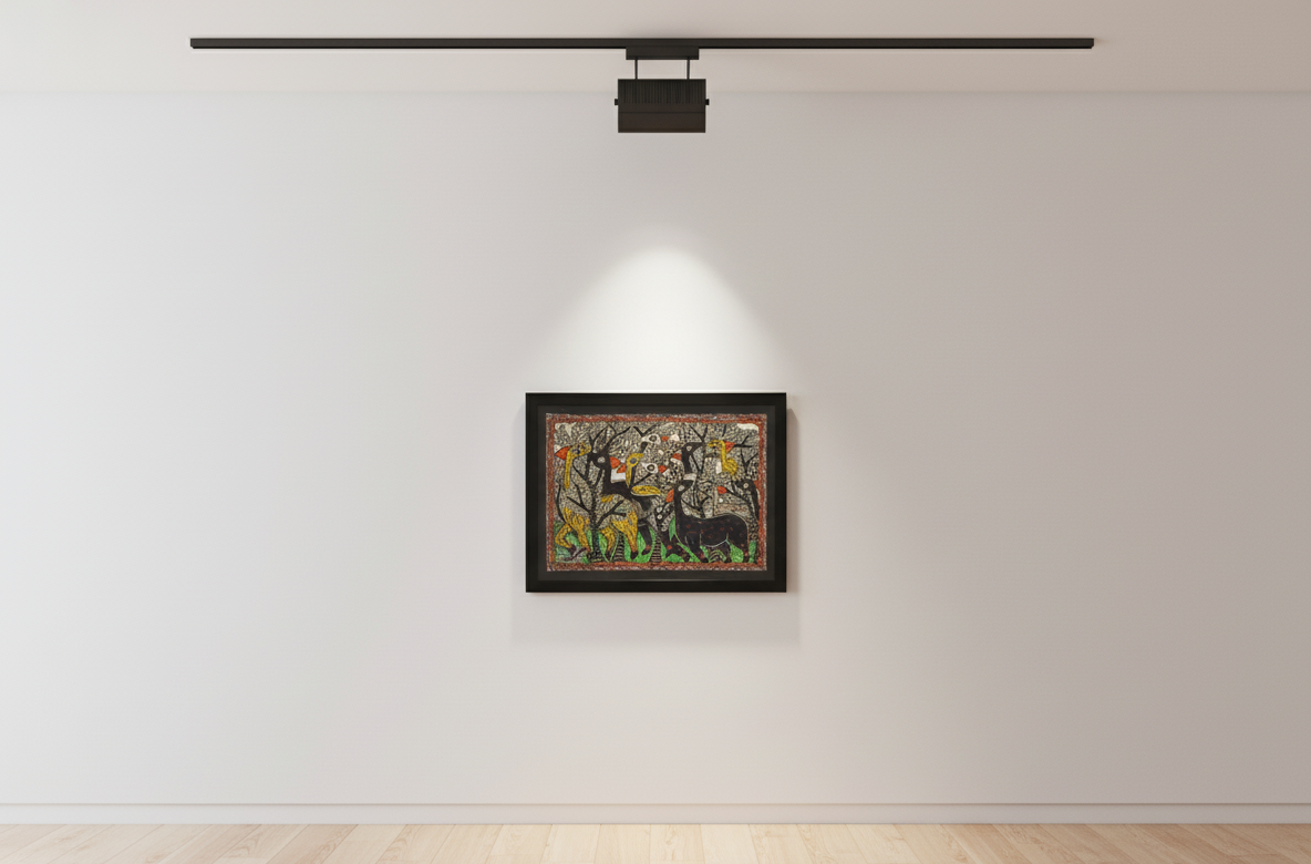 Handmade Madhubani Painting of Giraffes & Deer – Traditional Indian Folk Art with Black Frame