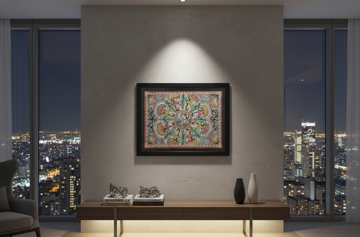 Handmade Madhubani Painting of Radha Krishna | Traditional Indian Folk Art Wall Decor | Framed Artwork