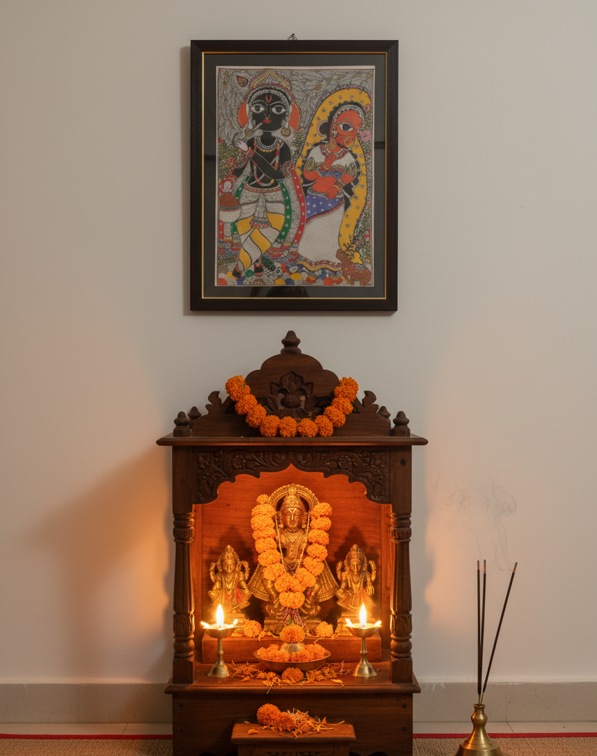 Handmade Madhubani Painting – Krishna with Radha (Traditional Indian Folk Art, Framed Wall Décor)