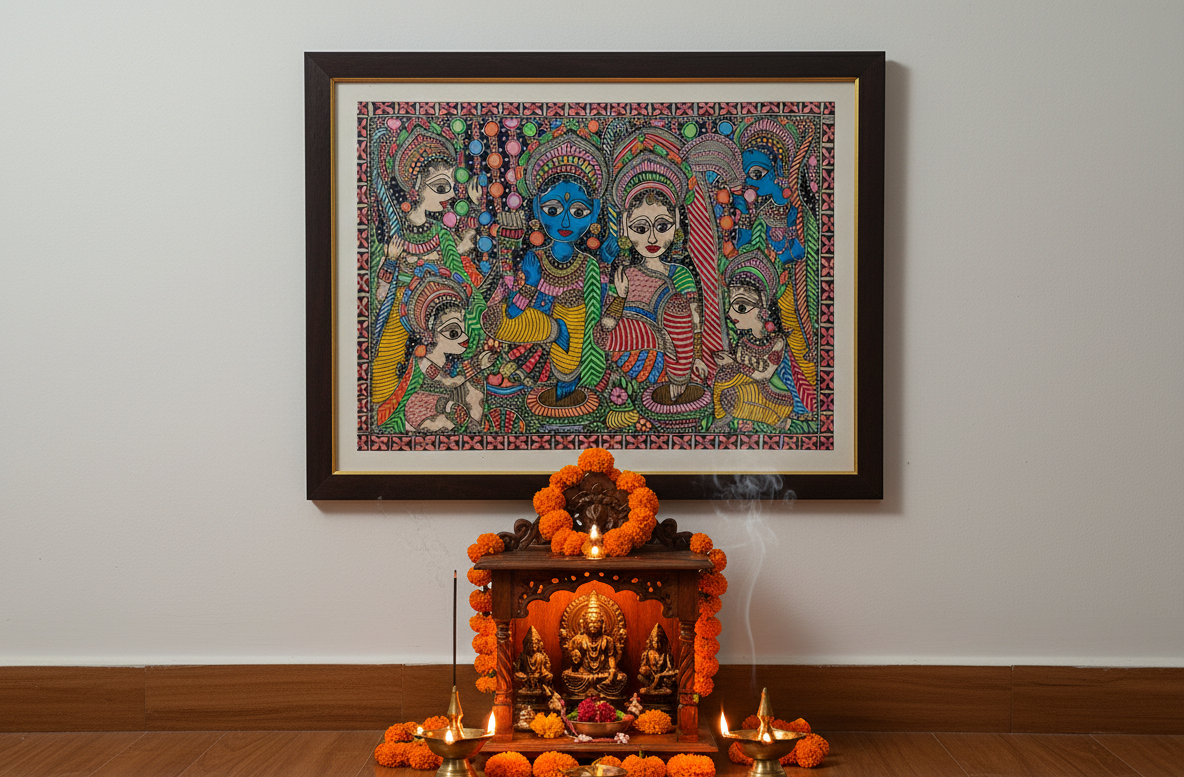 Handmade Madhubani Painting of Radha Krishna with Gopis – Traditional Indian Folk Art