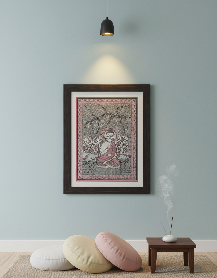 Handmade Madhubani Painting of Lord Buddha Under Bodhi Tree – Traditional Indian Folk Art