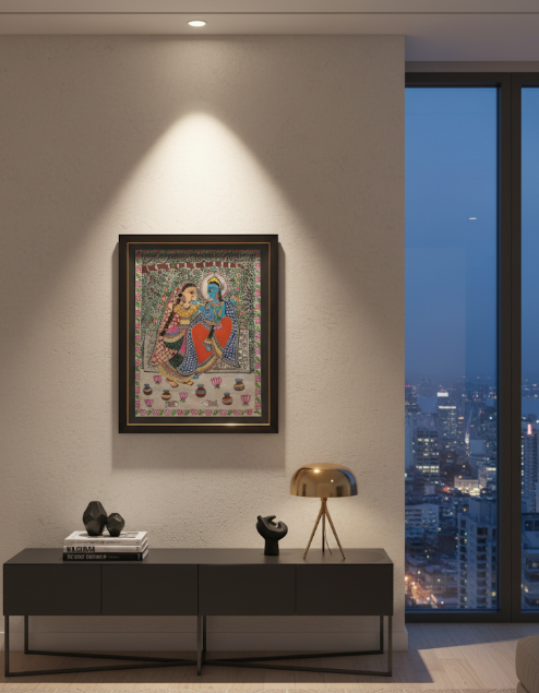 Madhubani Painting of Radha Krishna – Handcrafted Indian Folk Art on Handmade Paper