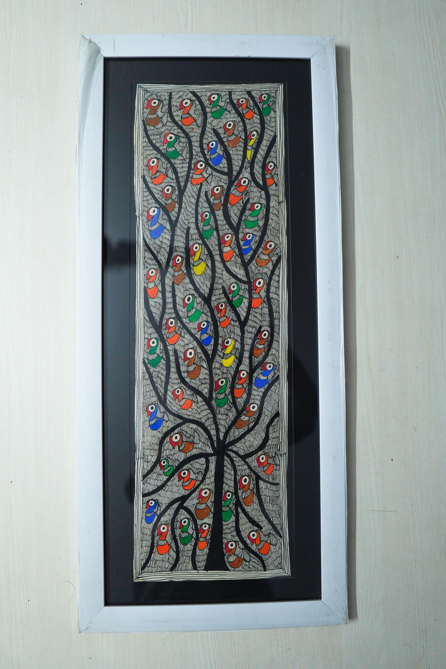 Handmade Madhubani Painting of Colorful Birds on Tree – Traditional Indian Folk Art (Framed)