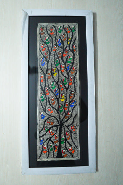 Handmade Madhubani Painting of Colorful Birds on Tree – Traditional Indian Folk Art (Framed)