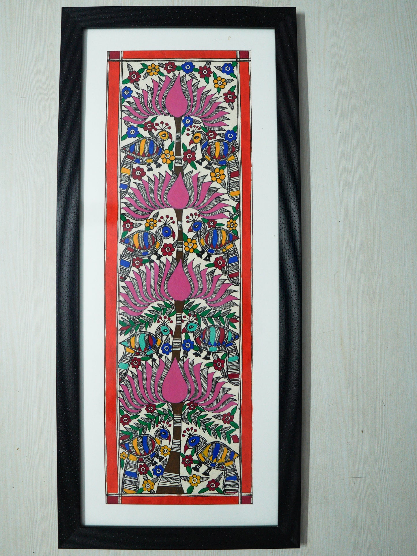 Handmade Madhubani Painting of Birds and Lotus | Traditional Indian Folk Art | Framed Wall Décor