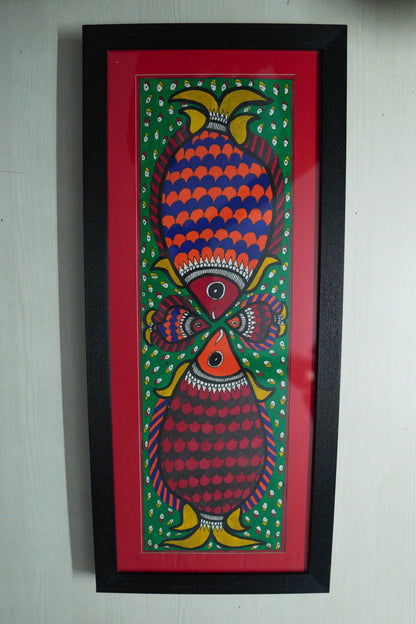 Handpainted Madhubani Fish Art – Traditional Mithila Painting on Paper | Framed Wall Décor by Suchitra Hastkala