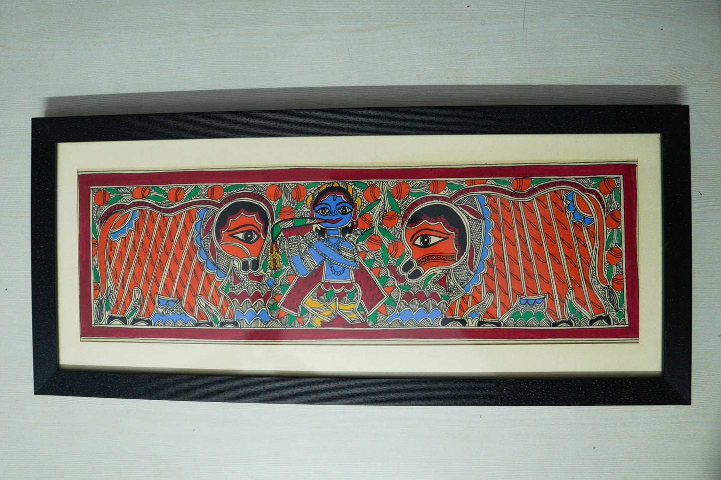 Handmade Madhubani Painting of Lord Krishna with Cows – Traditional Indian Folk Art (Framed Wall Decor)