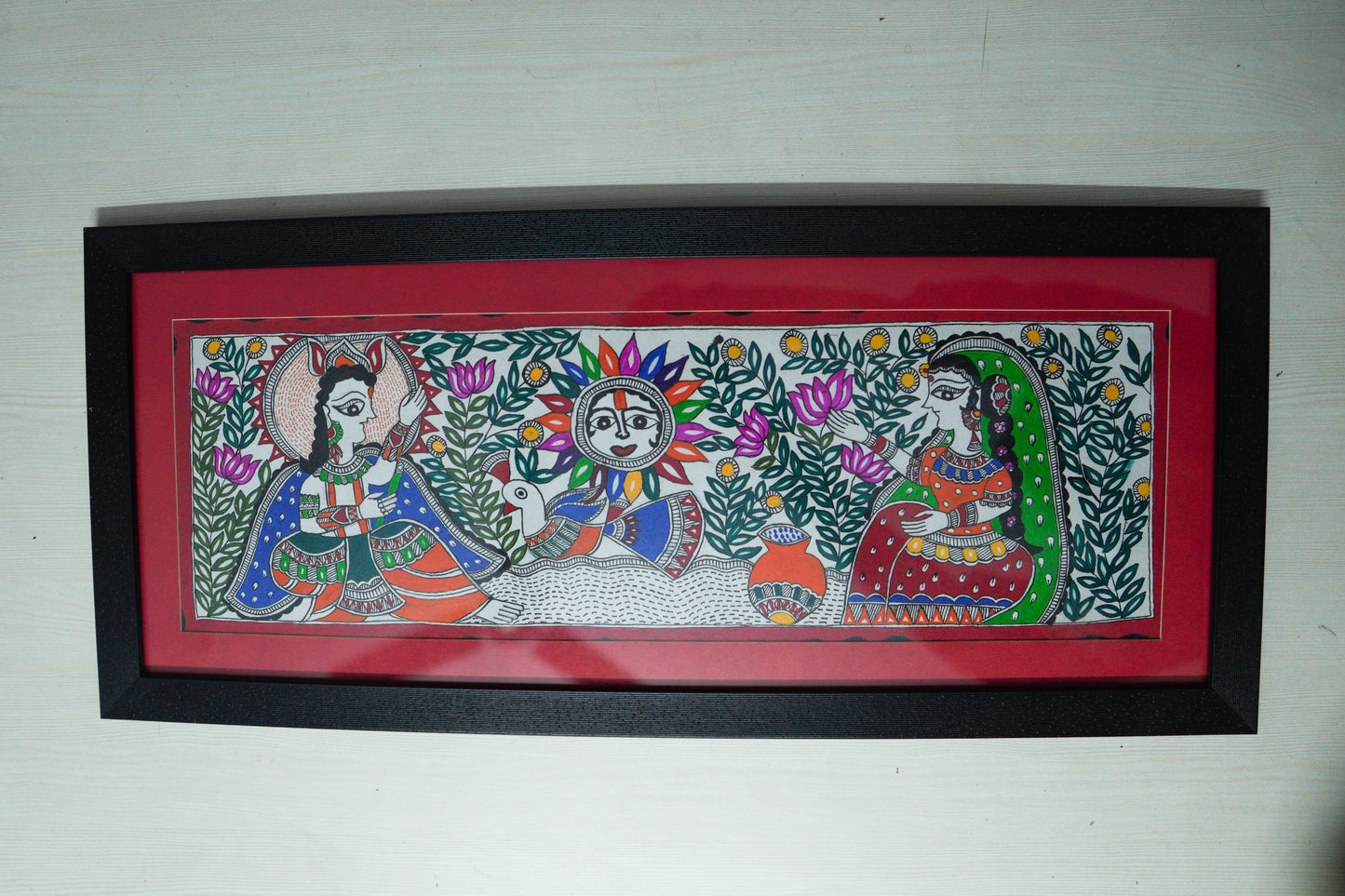 Handmade Madhubani Painting of Divine Figures and Sun Motif | Traditional Indian Folk Art by Suchitra Hastkala