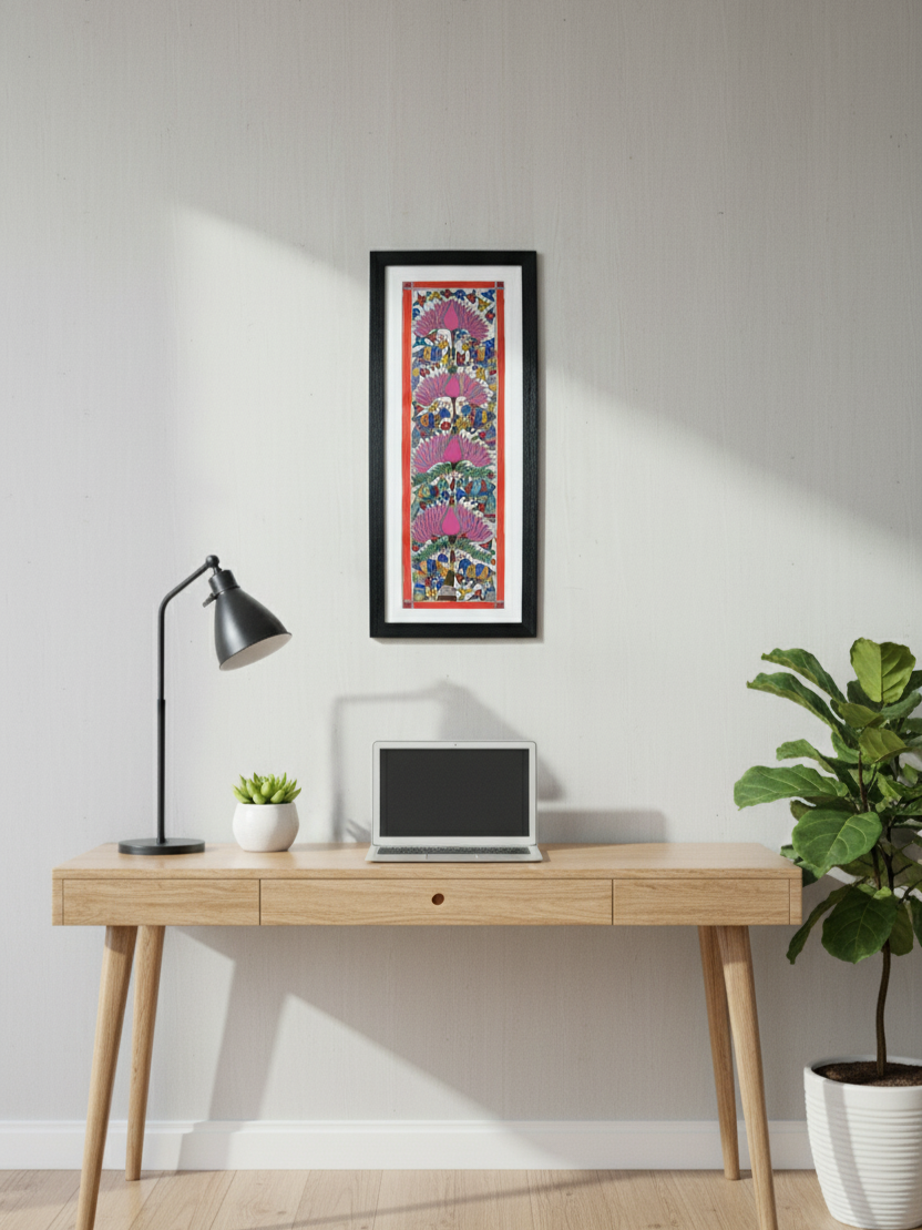 Handmade Madhubani Painting of Birds and Lotus | Traditional Indian Folk Art | Framed Wall Décor
