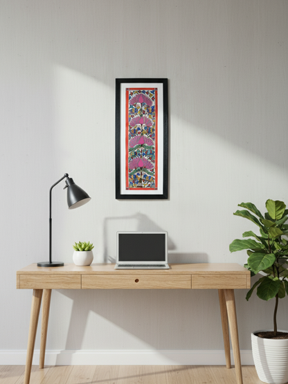 Handmade Madhubani Painting of Birds and Lotus | Traditional Indian Folk Art | Framed Wall Décor