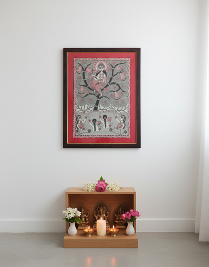 Handmade Madhubani Painting | Krishna Sitting On Kadamba Tree | Traditional Indian Folk Art (Framed) – Suchitra Hastkala