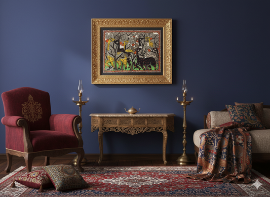 Handmade Madhubani Painting of Giraffes & Deer – Traditional Indian Folk Art with Black Frame