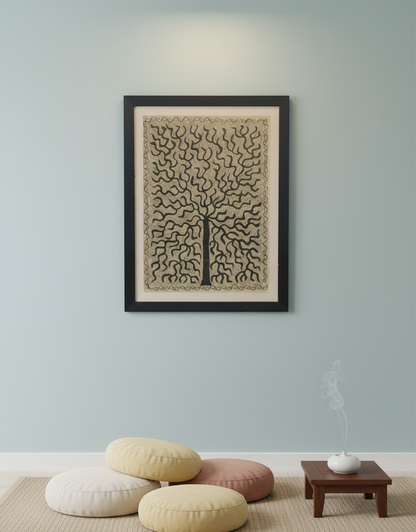 Handmade Madhubani Tree of Life Painting | Black & Gold Folk Art Wall Décor | Suchitra Hastkala