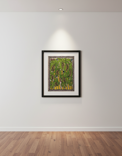 Handmade Madhubani Painting of Banana Trees – Traditional Indian Folk Art (Framed)