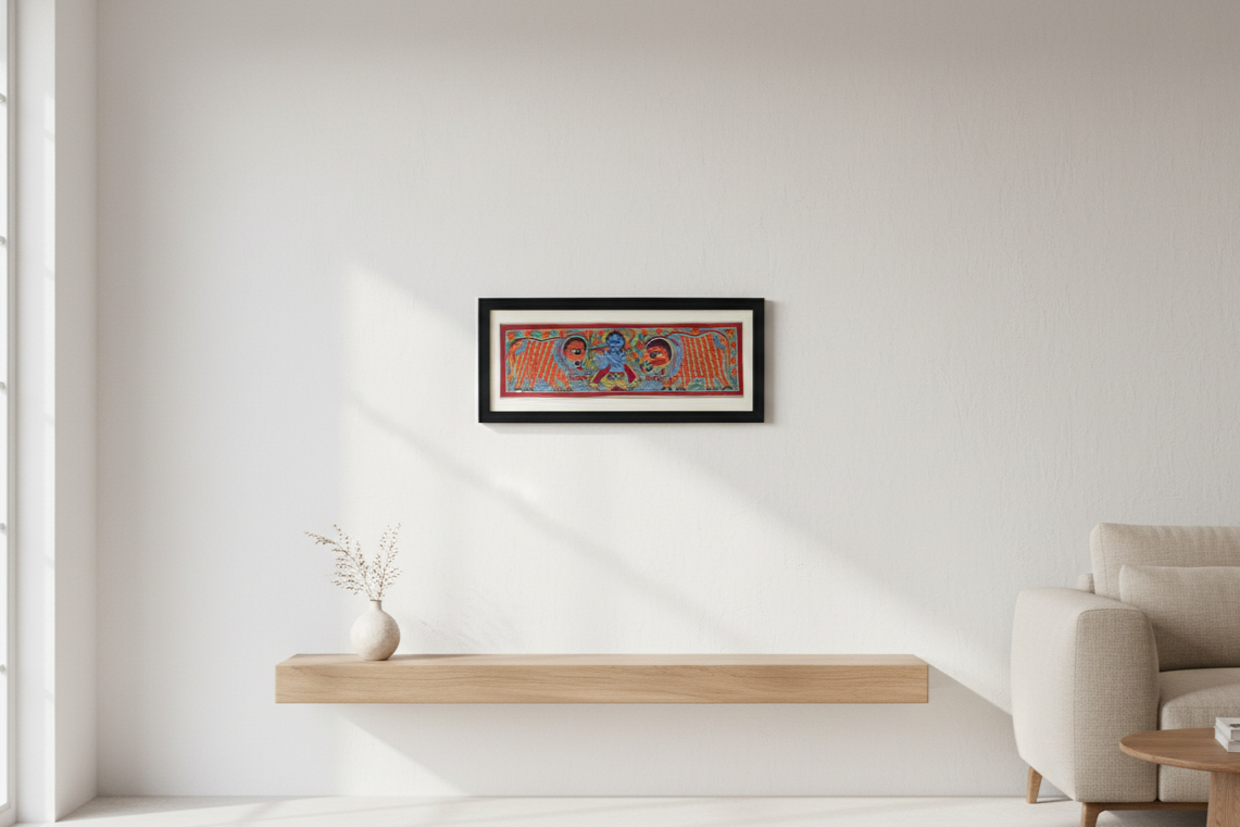 Handmade Madhubani Painting of Lord Krishna with Cows – Traditional Indian Folk Art (Framed Wall Decor)