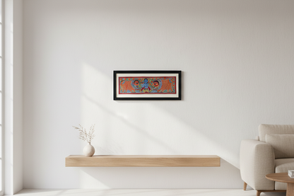 Handmade Madhubani Painting of Lord Krishna with Cows – Traditional Indian Folk Art (Framed Wall Decor)