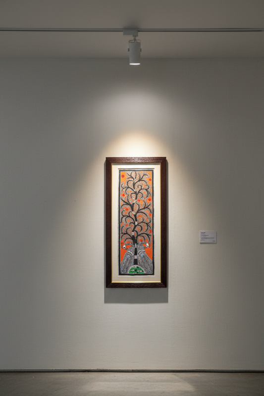 Handmade Madhubani Painting of Twin Peacocks under Tree – Traditional Indian Folk Art on Paper