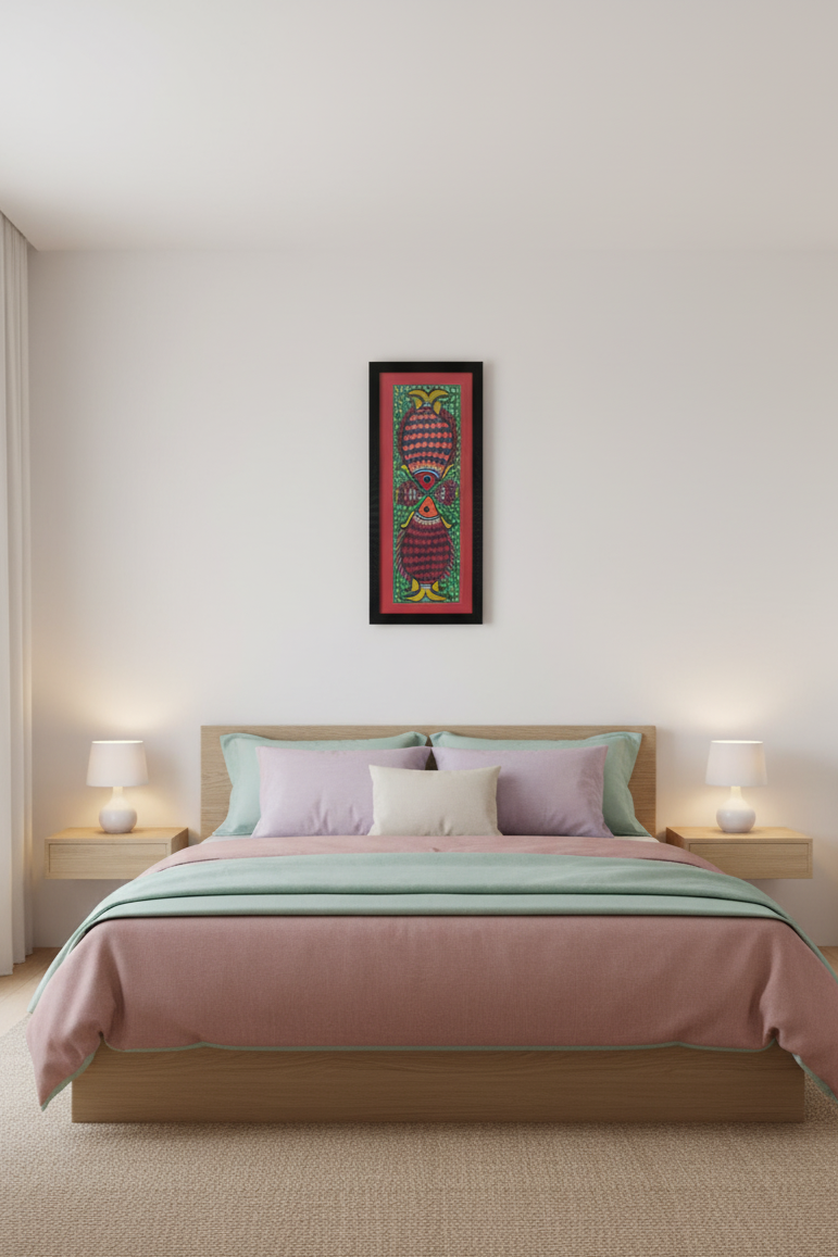 Handpainted Madhubani Fish Art – Traditional Mithila Painting on Paper | Framed Wall Décor by Suchitra Hastkala