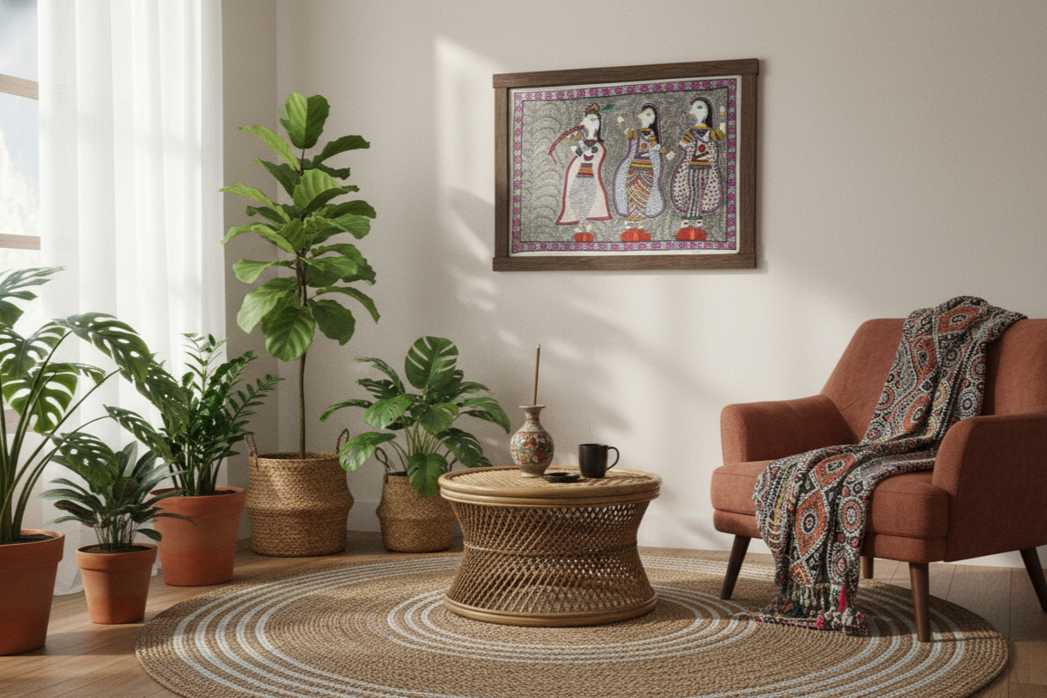 Handmade Madhubani Painting – Lord Krishna with Gopis | Traditional Indian Folk Art | Suchitra Hastkala