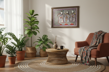 Handmade Madhubani Painting – Lord Krishna with Gopis | Traditional Indian Folk Art | Suchitra Hastkala