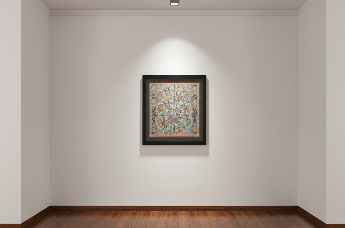 Handmade Madhubani Painting – Radha Krishna Theme | Traditional Indian Folk Art | Framed Wall Decor