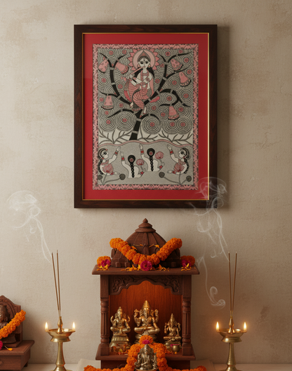 Handmade Madhubani Painting | Krishna Sitting On Kadamba Tree | Traditional Indian Folk Art (Framed) – Suchitra Hastkala