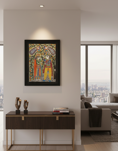 Handmade Madhubani Painting of Radha Krishna with Peacocks – Traditional Indian Folk Art Wall Décor