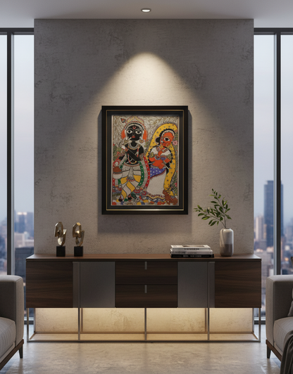Handmade Madhubani Painting – Krishna with Radha (Traditional Indian Folk Art, Framed Wall Décor)