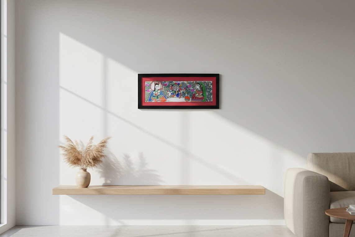 Handmade Madhubani Painting of Divine Figures and Sun Motif | Traditional Indian Folk Art by Suchitra Hastkala