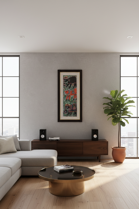 Traditional Madhubani Painting of Decorated Elephants & Lion | Handpainted Folk Art by Suchitra Hastkala