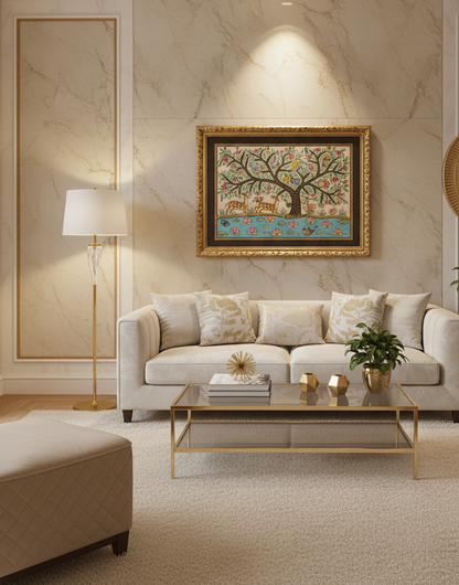 Handmade Madhubani Painting – Tree of Life with Deer, Fish & Lotus (Framed Artwork)