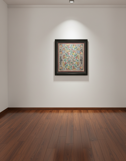 Handmade Madhubani Painting – Tree of Life with Deer, Fish & Lotus (Framed Artwork)