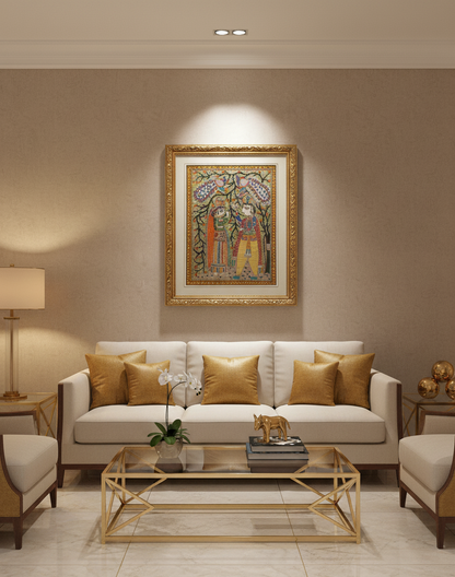 Handmade Madhubani Painting of Radha Krishna with Peacocks – Traditional Indian Folk Art Wall Décor