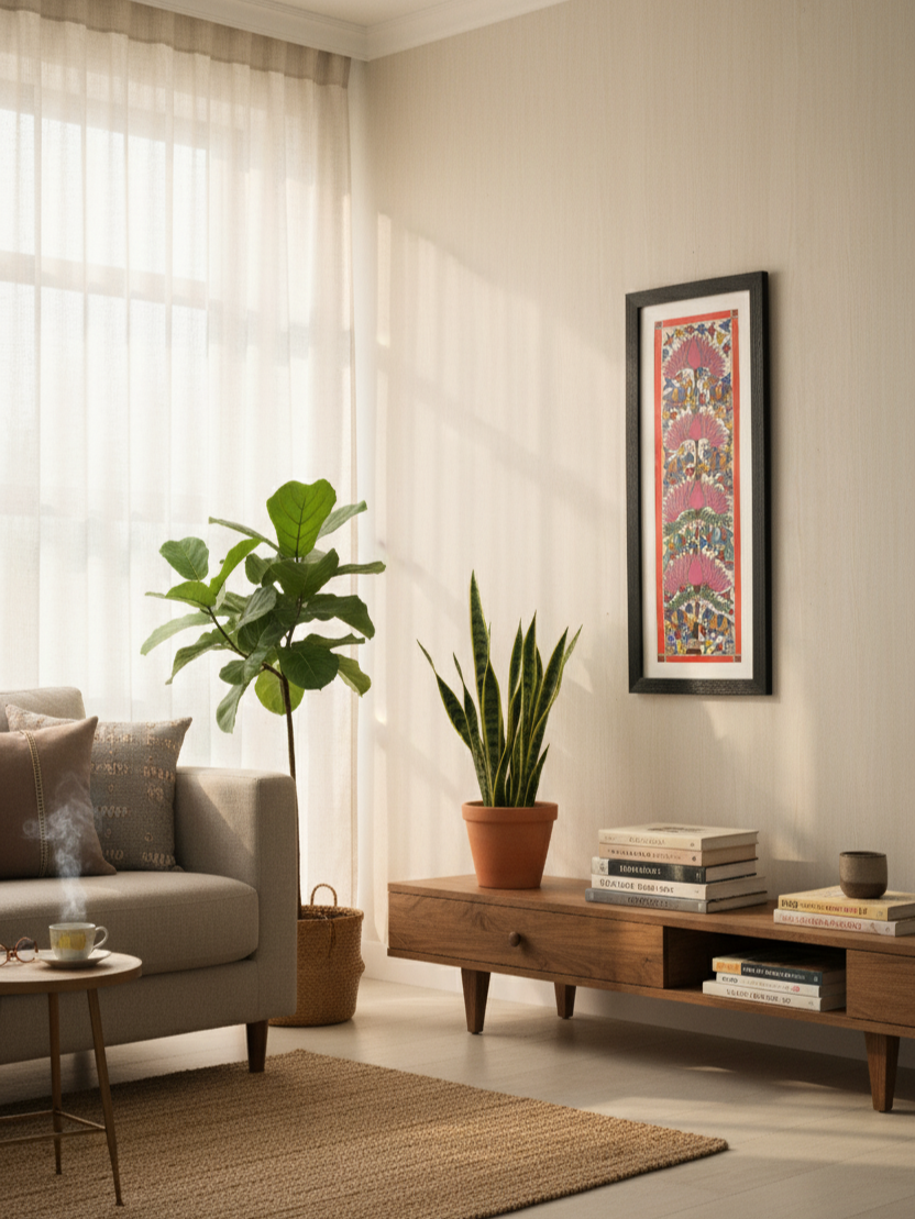 Handmade Madhubani Painting of Birds and Lotus | Traditional Indian Folk Art | Framed Wall Décor