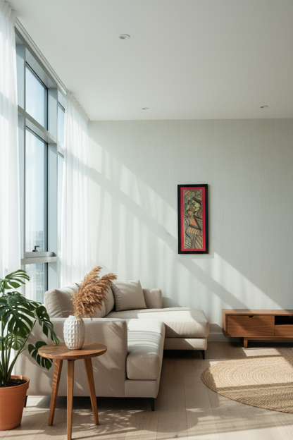 Handcrafted Madhubani Painting of Indian Woman with Pot – Traditional Folk Art Wall Frame | Suchitra Hastkala