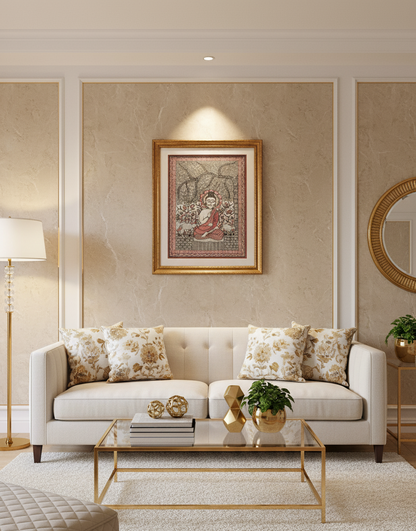 Handmade Madhubani Painting of Lord Buddha Under Bodhi Tree – Traditional Indian Folk Art