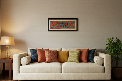 Handmade Madhubani Painting of Lord Krishna with Cows – Traditional Indian Folk Art (Framed Wall Decor)