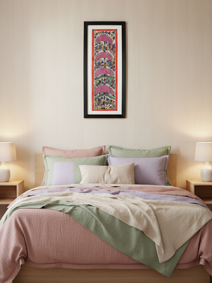 Handmade Madhubani Painting of Birds and Lotus | Traditional Indian Folk Art | Framed Wall Décor