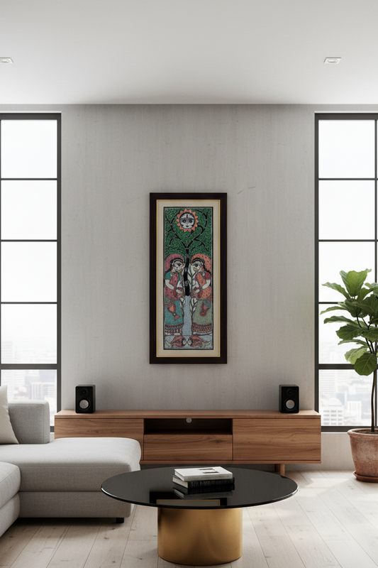 Madhubani Folk Art Painting of Divine Love Under the Sun – Handcrafted Traditional Indian Wall Art | Suchitra Hastkala