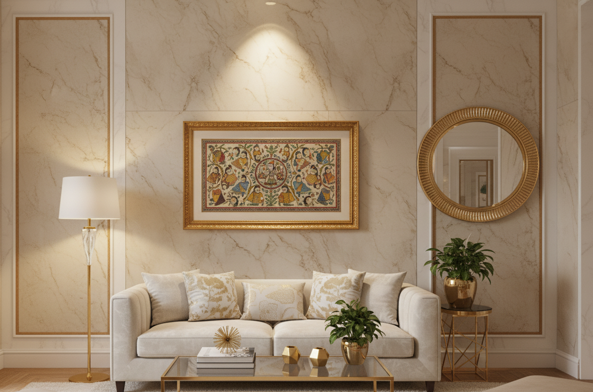 Handmade Madhubani Painting – Radha Krishna Theme | Traditional Indian Folk Art | Framed Wall Decor