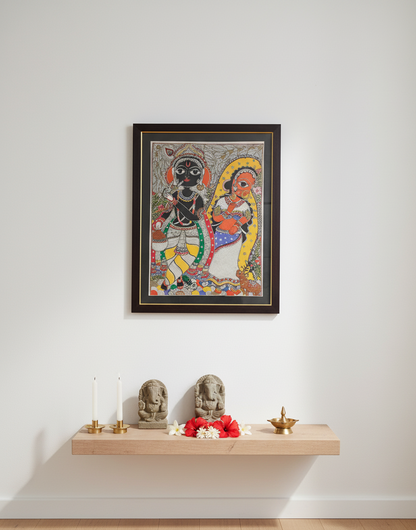 Handmade Madhubani Painting – Krishna with Radha (Traditional Indian Folk Art, Framed Wall Décor)