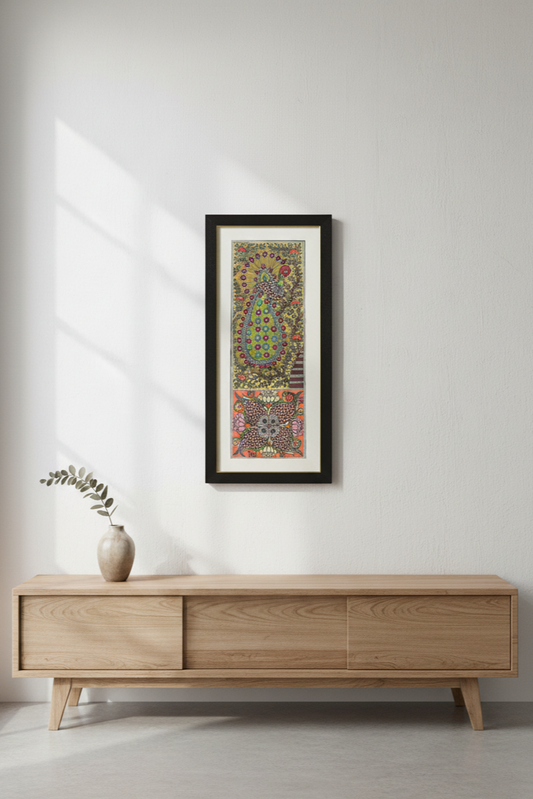 Handcrafted Madhubani Peacock & Floral Folk Art Painting (Framed)