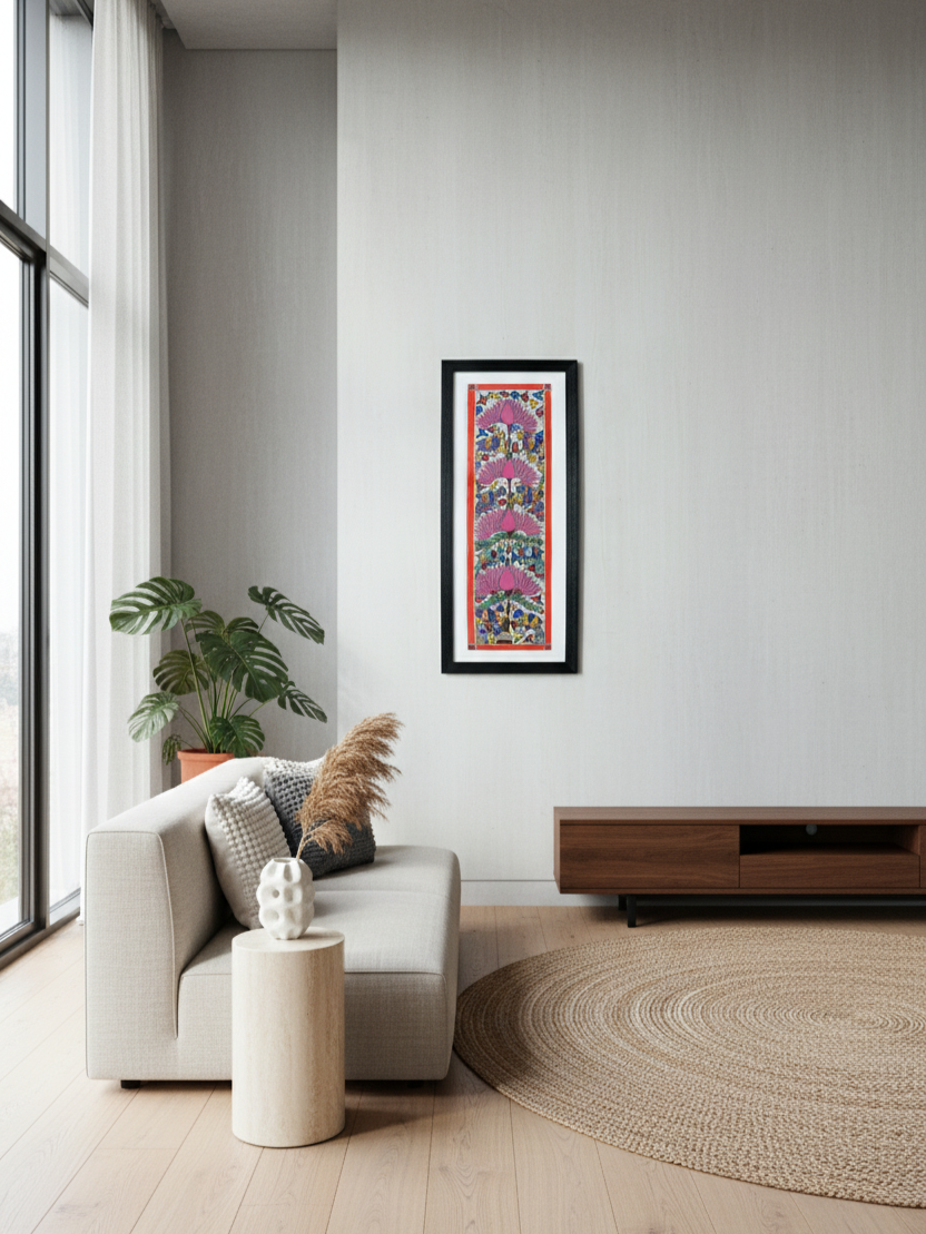 Handmade Madhubani Painting of Birds and Lotus | Traditional Indian Folk Art | Framed Wall Décor