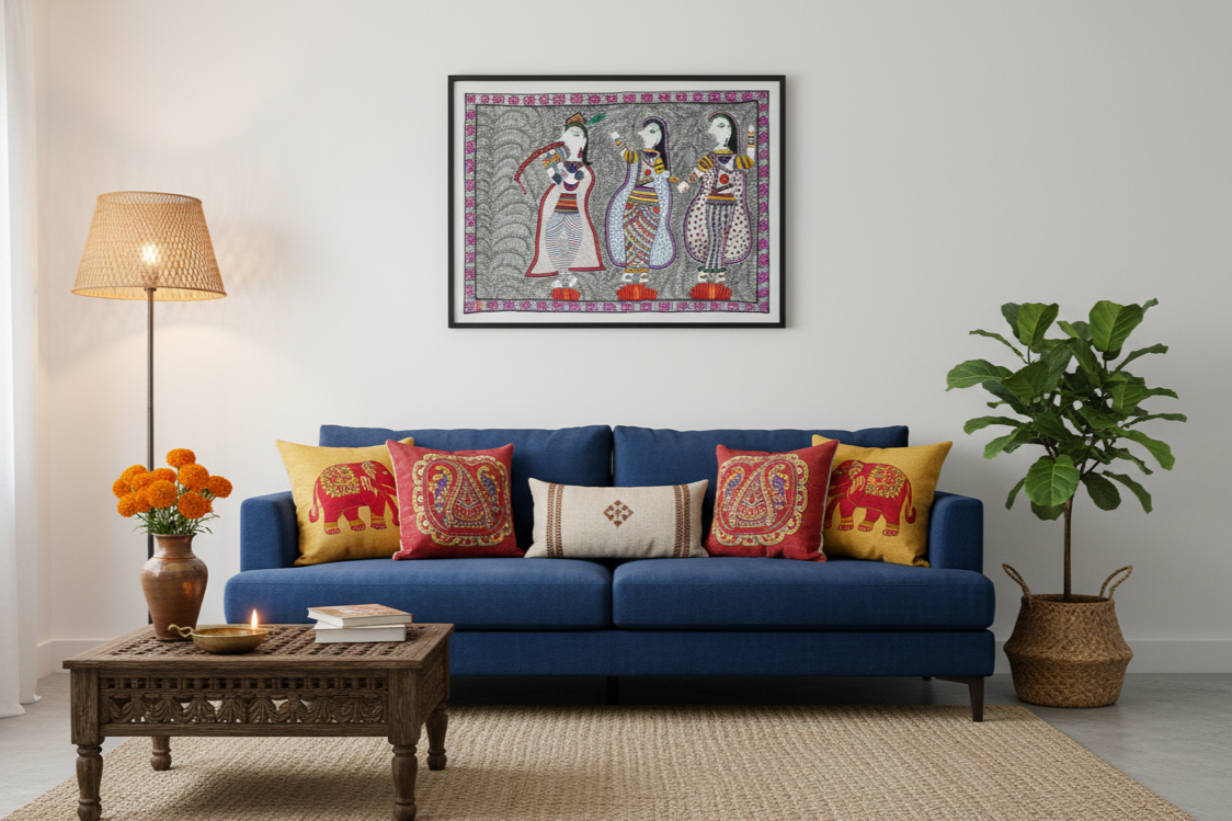 Handmade Madhubani Painting – Lord Krishna with Gopis | Traditional Indian Folk Art | Suchitra Hastkala