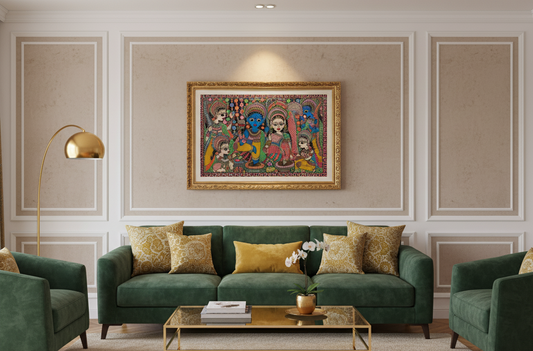 Handmade Madhubani Painting of Radha Krishna with Gopis – Traditional Indian Folk Art