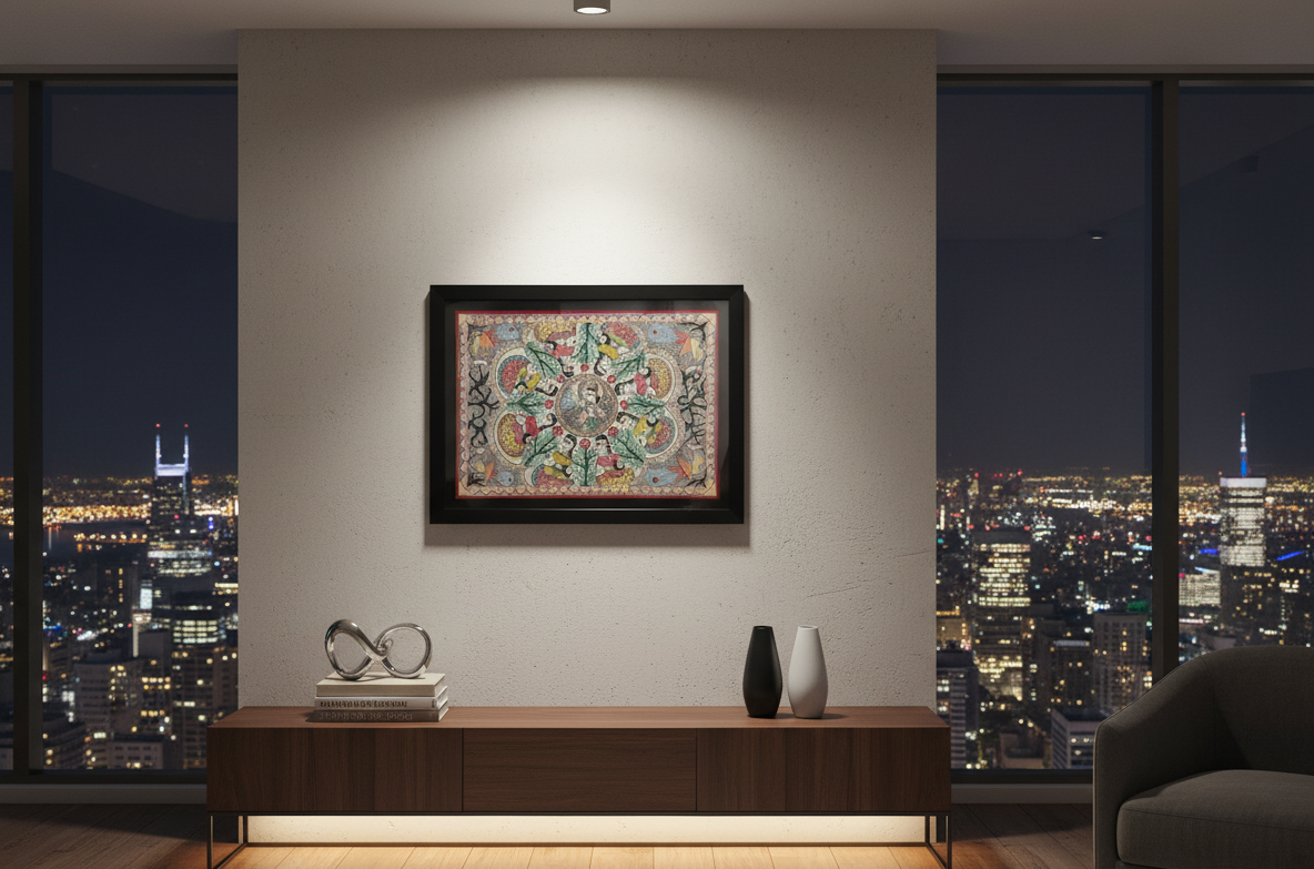 Handmade Madhubani Painting – Radha Krishna Theme | Traditional Indian Folk Art | Framed Wall Decor